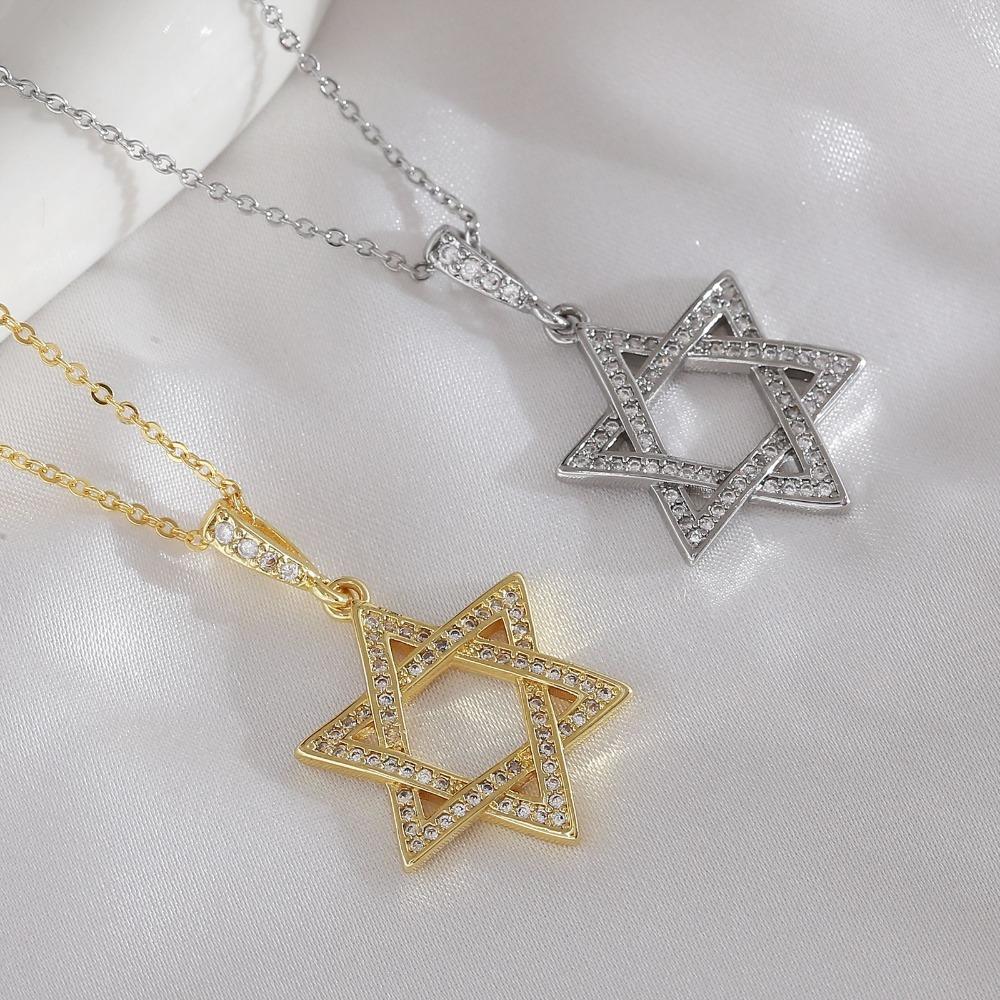 Hip-hop Simple Hollowed-out Full of Zircon Hexagram Pendant Necklace for Women Men Couple Trend Personality Collar Chain Jewelry