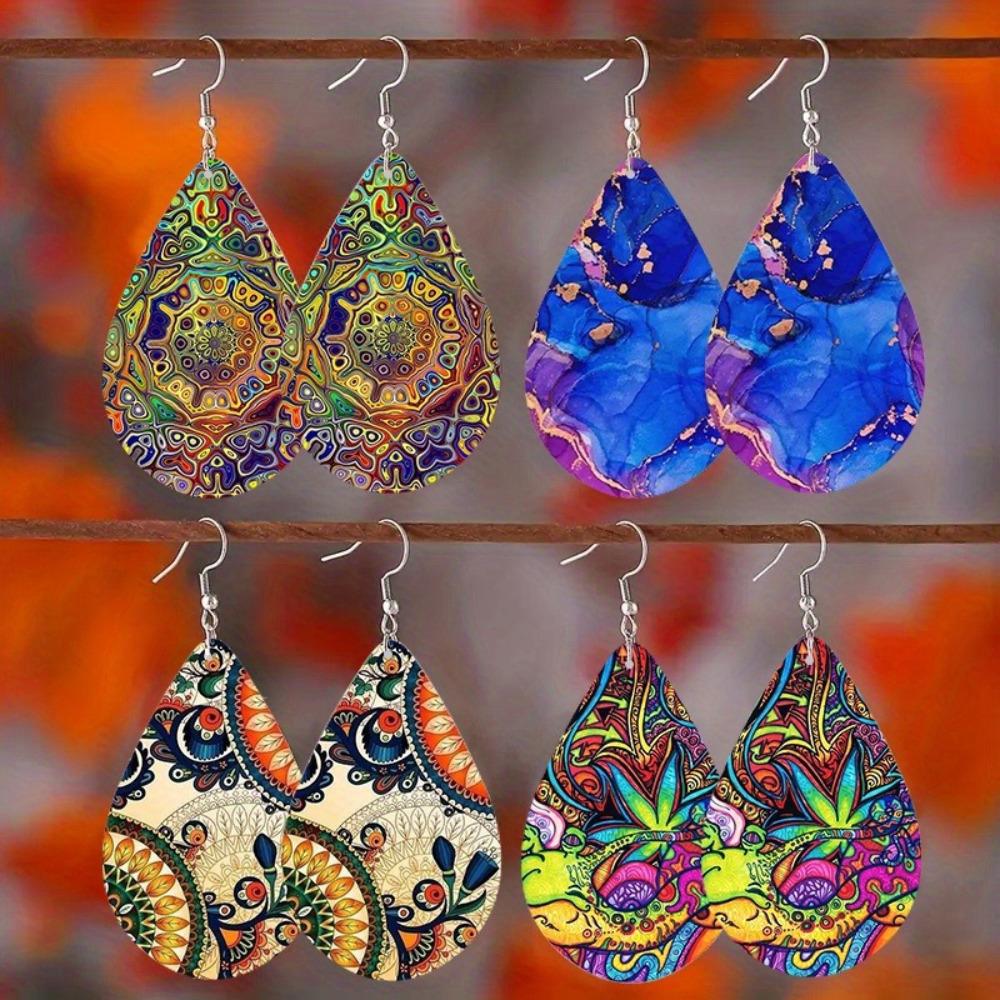 Bohemian Ethnic Style Wooden Water Drop Earrings Art and Culture Print Minimalist Dangle Earrings Fashion Jewelry Gift for Women