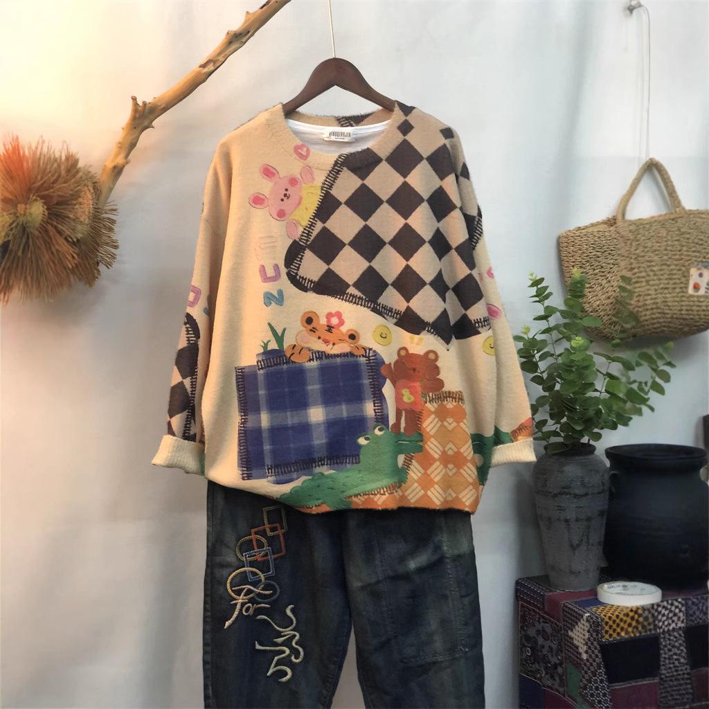 Autumn New Mink Fleece Sweater Loose Outer with Crew Neck Long-sleeved Sweater