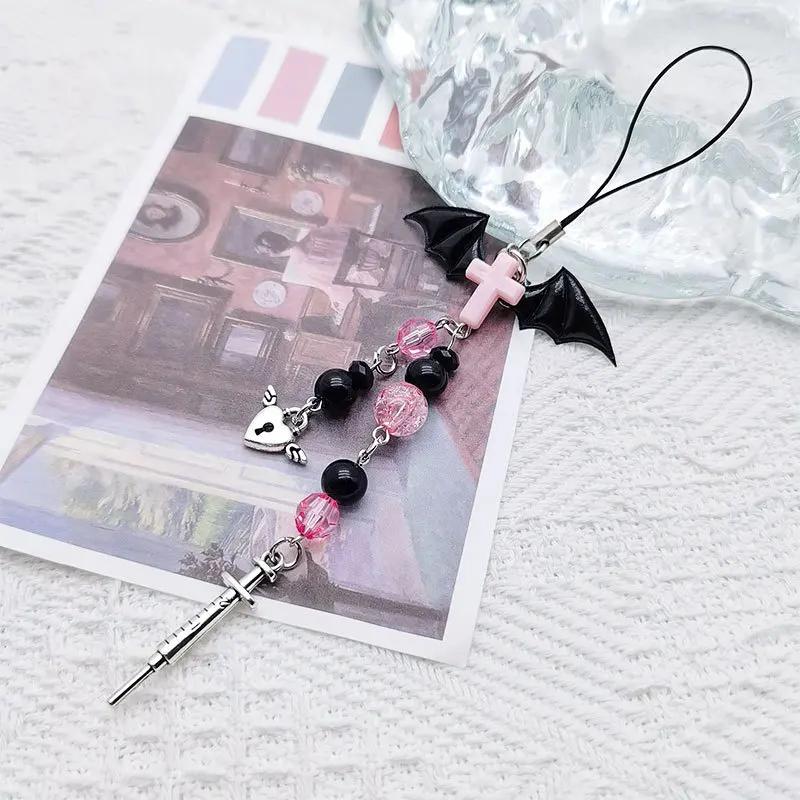 

Y2K Handmade Mobile Phone Chain Charms Strap Gothic Dark Style Demon Bat Wings Syringe Heart Lock Cool Girl Pendant Gift