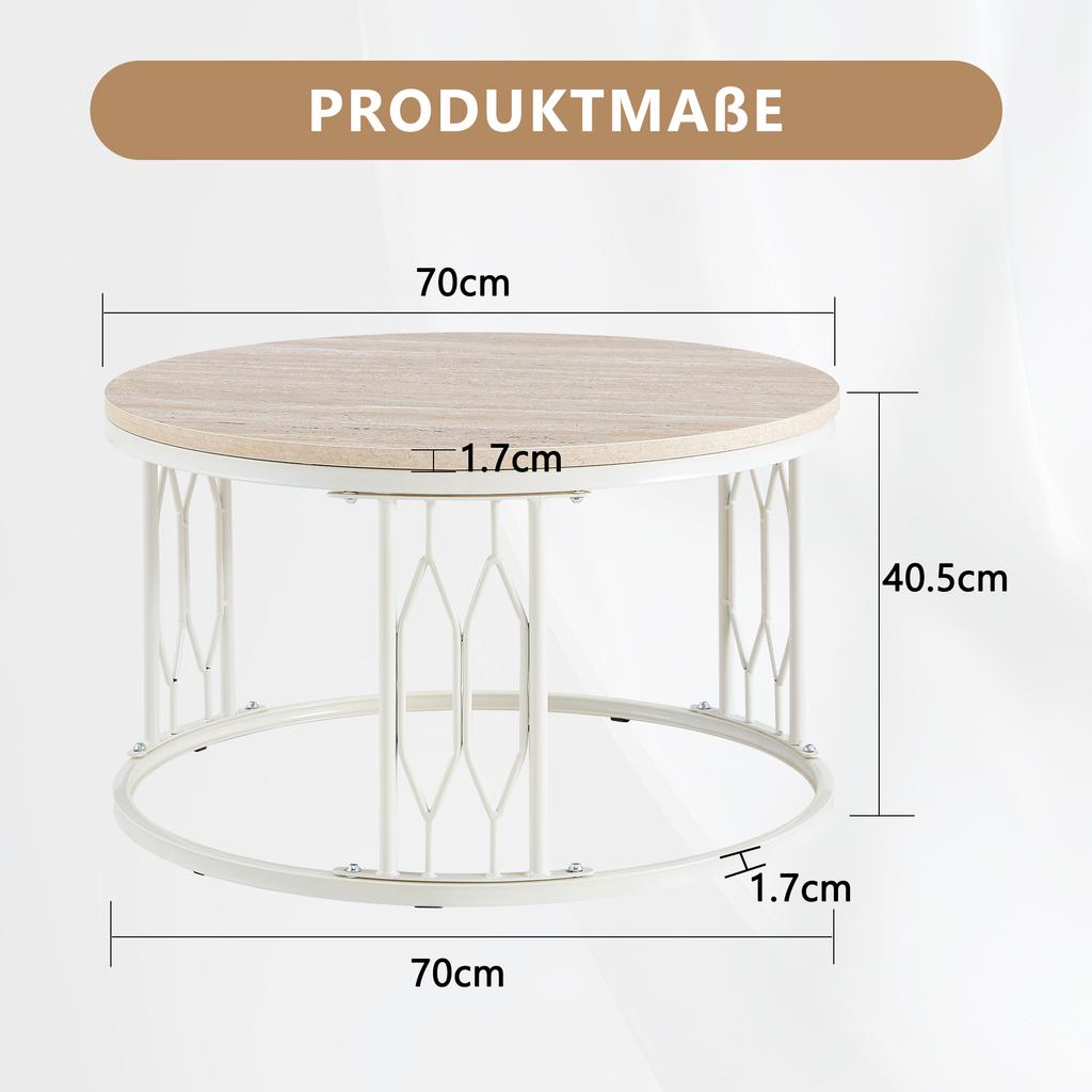 Round Coffee Table with Wood-Look Top and Metal Frame, Modern Living Room Table with Geometric Iron Frame, Sturdy Round Side Table, approx. 70x40.5 cm