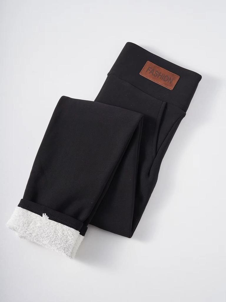 Women's High Waist Fleece-Lined Tummy Control Leggings with Pocket and Leather Label