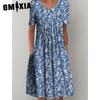GMXIA 30 Color Pleated Midi Dress Short Sleeve Round Neck Loose Hem Mid-Calf Length Women Floral A-Line Party Dress Casual Wear