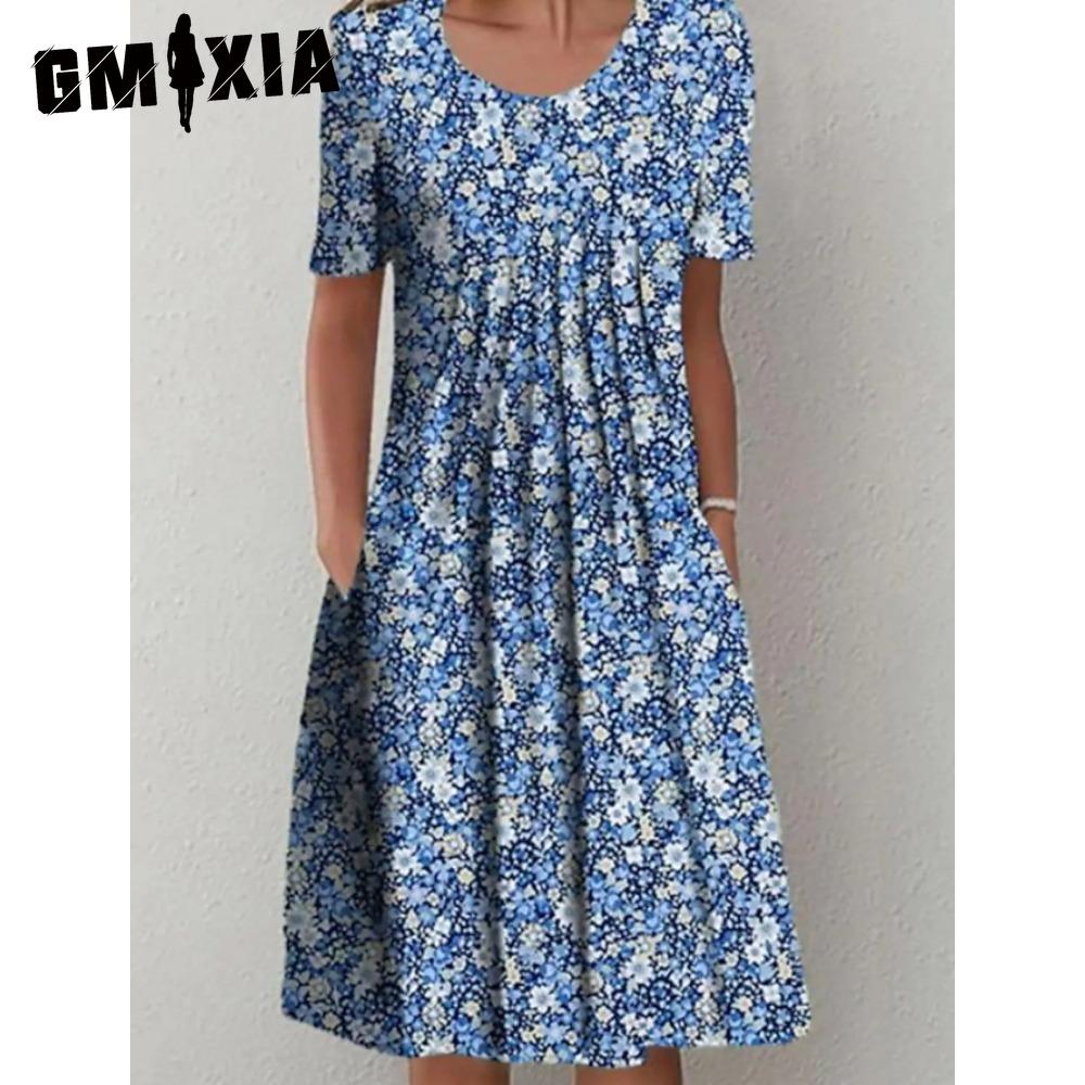 GMXIA 30 Color Pleated Midi Dress Short Sleeve Round Neck Loose Hem Mid-Calf Length Women Floral A-Line Party Dress Casual Wear