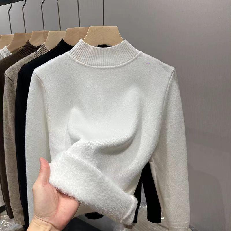 Autumn and Winter Plush Thick Velvet Base Women's Sweaters Long Sleeve Half High Collar Warm Knitted Sweater Ladies Elegant Solid Pullover Tops 24870