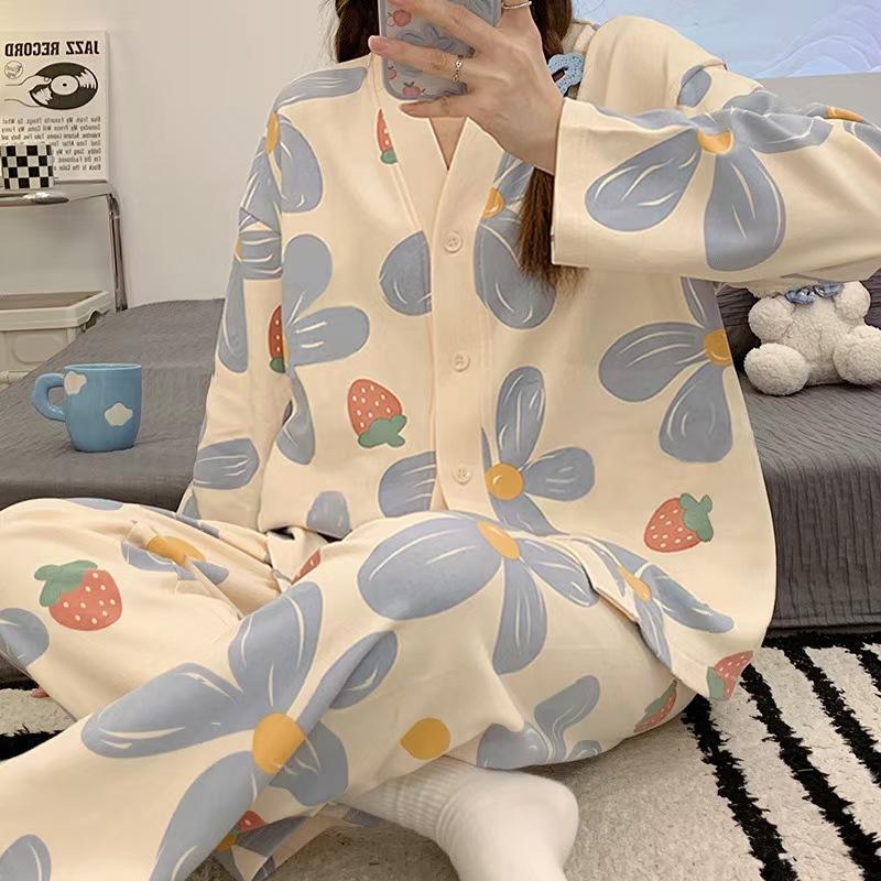 New Style Pajamas for Women in Spring and Autumn, Long Sleeved Pants, Loose Cardigans, Cartoon Home Clothes