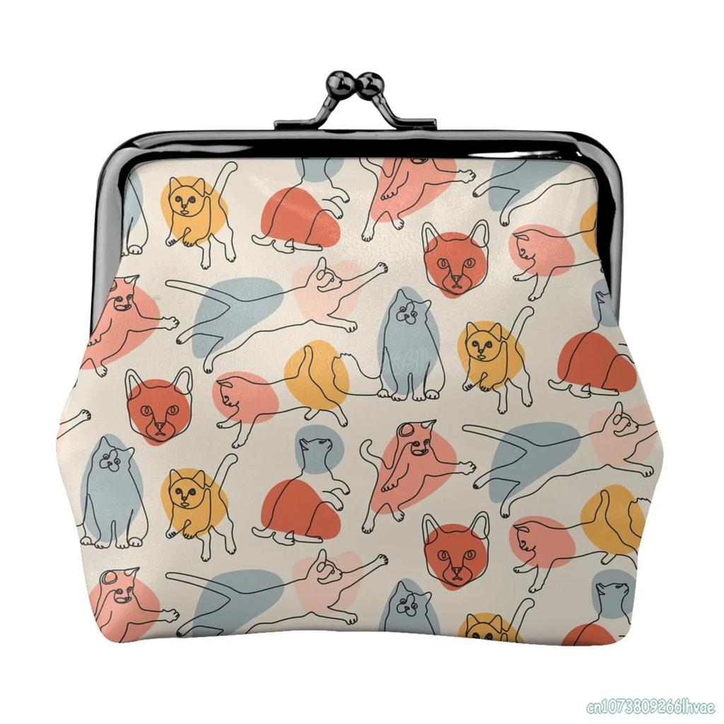Cute Cartoon Cats Women's Leather Coin Purse Small Change Pouch with Kiss-Lock Clasp Closure Buckle Wallet for Girl Gift