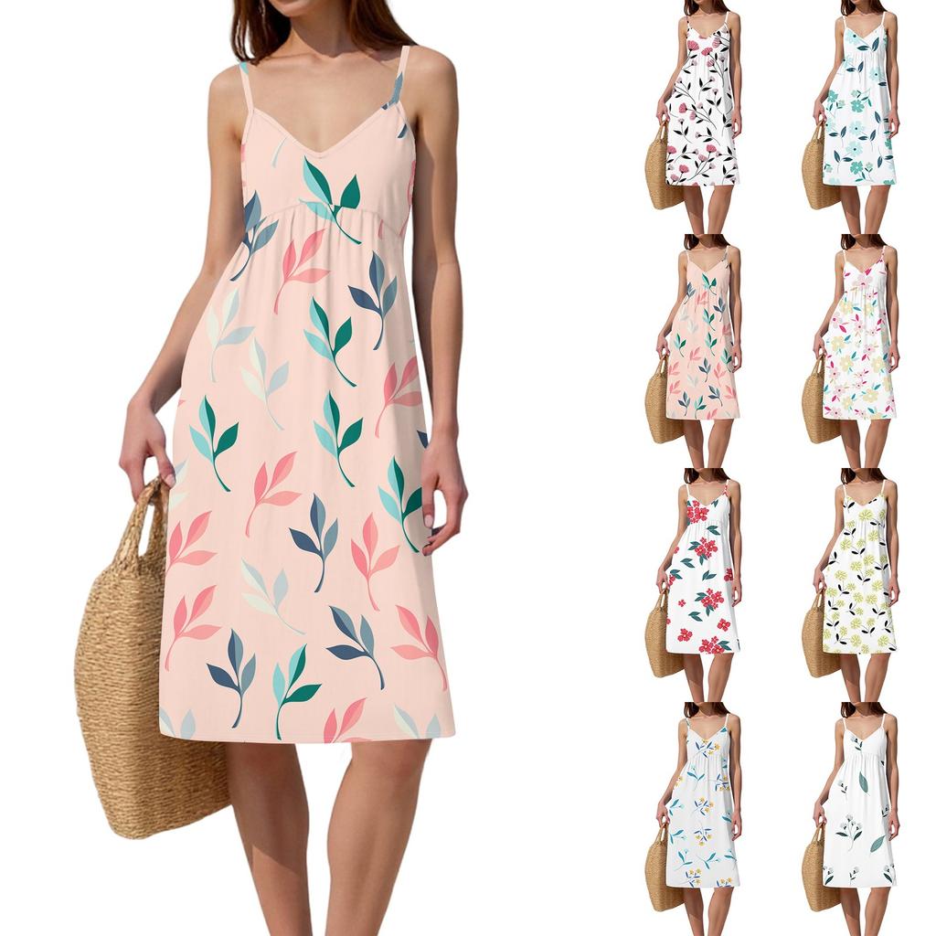 Women's Spaghetti Strap Backless Bow Loose Casual Beach Holiday Dress Sundress