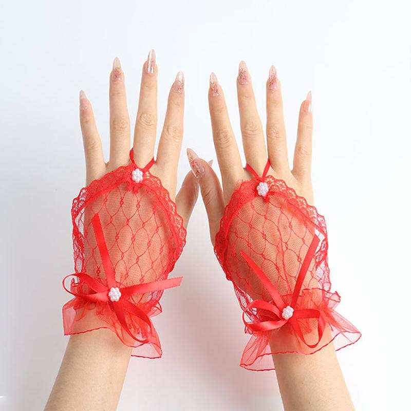 Bride Wedding Lace Gloves Halloween Mesh Bow Dance Sexy Wrist Sleeves Short Dress Decoration Mittens For Opera Prom Costume