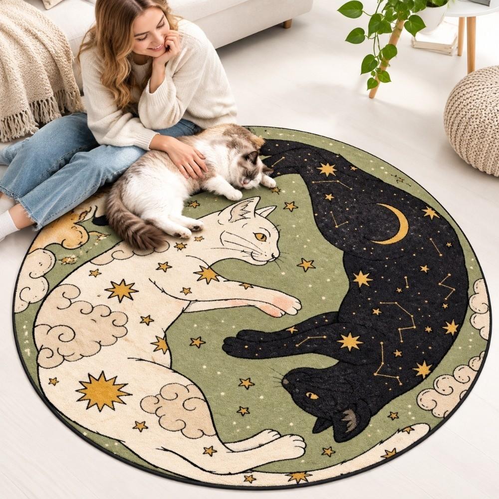 Non-Slip Mandala Area Rug Moon Star Print Cat Shaped Carpet Sofa Coffee Table Decor