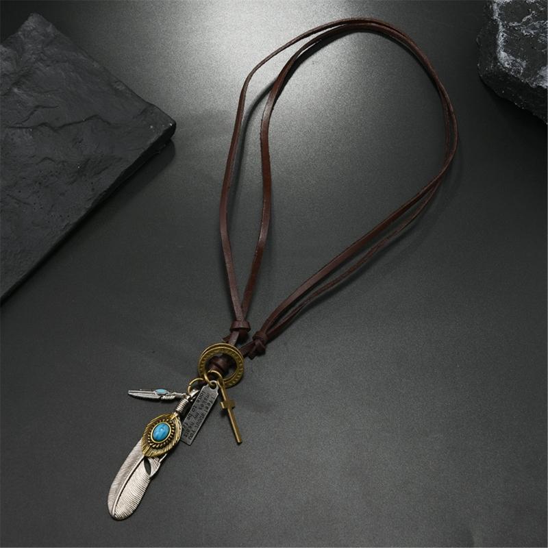 Vintage Inspired Alloy Feather Leather Necklace Adjustable Length Iron Clasp Leather Chain Necklace For Trendy Outfits