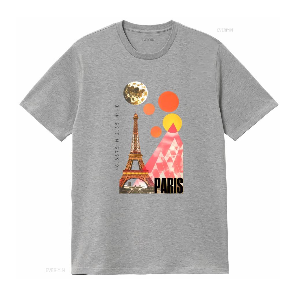 Vintage Geometric Paris Eiffel Tower Moon Print Casual T Shirt Vintage Washed Fashion Homme Top For Everyday Wear Graphic