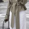 Light Gray Green Short Trench Coat with Belt and Stand Collar