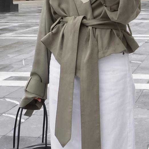 Light Gray Green Short Trench Coat with Belt and Stand Collar