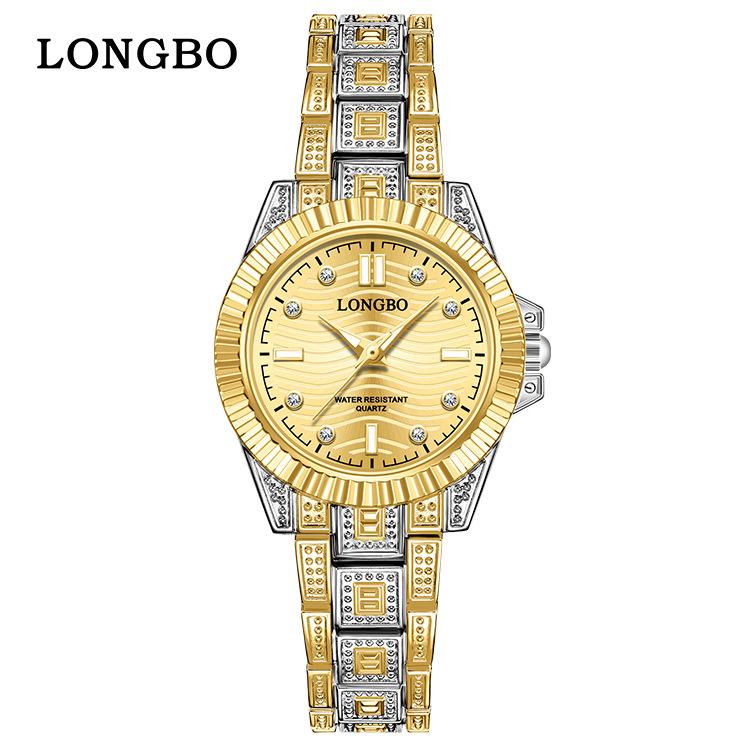 LONGBO 83611 Quartz Watches Waterproof Luminous Stainless Steel Calendar Full Diamond Gold Design Luxury Wristwatch for Couple