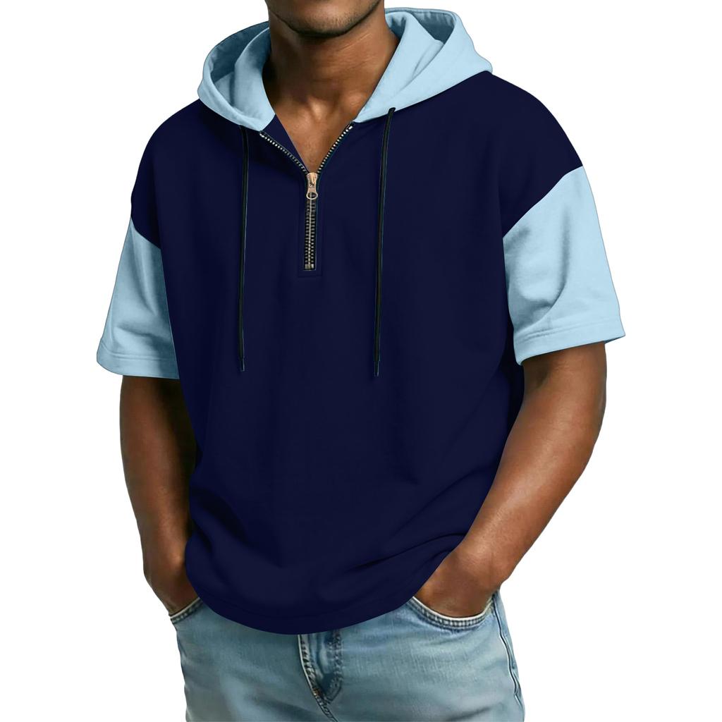 Men's Casual Hooded Zipper Neck Sweatshirt Short Sleeve Top