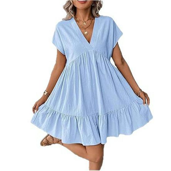 2026 European and American Women's V-neck Ruffle Hem Summer Dress