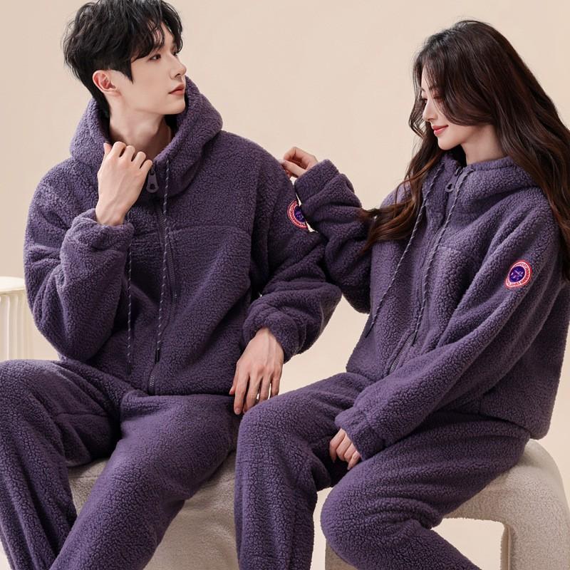 Coral Fleece Pajama Set Thick Double Layer Soft Loungewear Men Women Winter Homewear