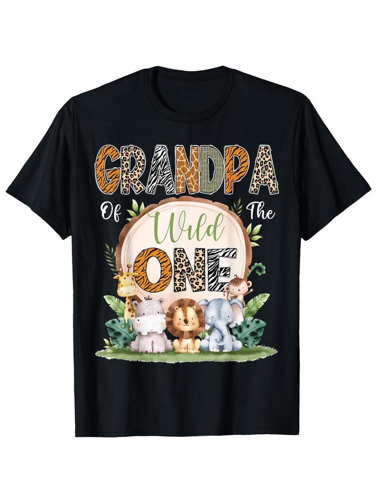 Unisexs First Birthday SafariThemed Grandpa of the Wild One TShirt Black with Jungle Animals Green Leaves Durable Ho