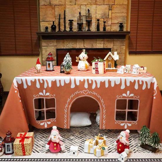 Yousheng Gingerbread House Christmas Tablecloth Reusable Rectangle Table Cover with Playful Cut-Out Windows Holiday Playhouse Table Tent for Kitchen