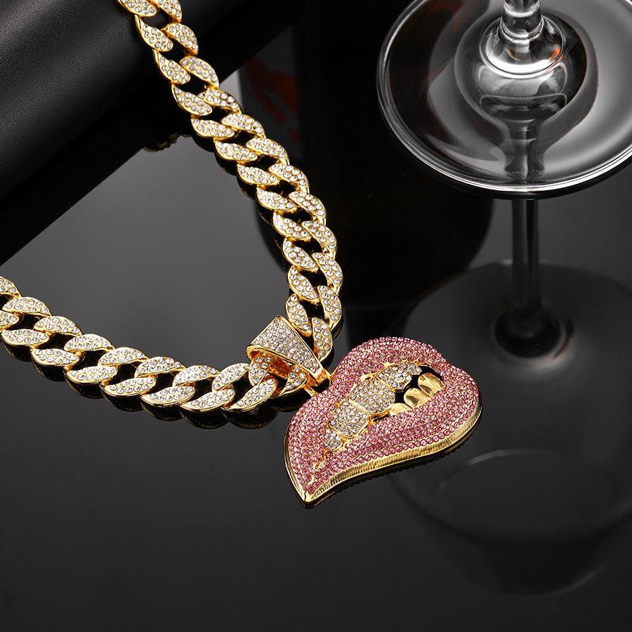 Colorful Diamond Lip Bite Pendant Hip Hop Cuban Chain Necklace