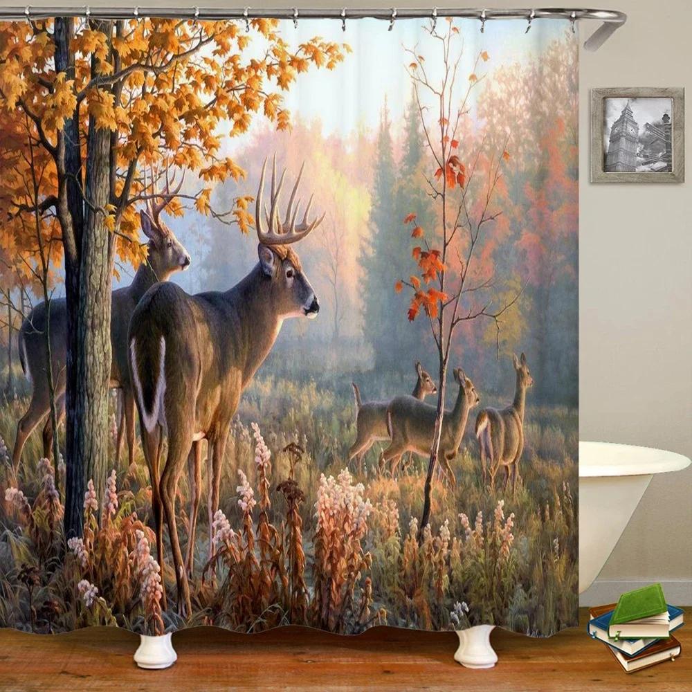 Deer Bathroom Shower Curtain Elk Highland Cow Peacock Forest Mountain Animal Polyester Hanging Curtains Home Bathroom Decor Set