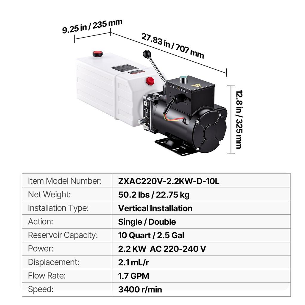 10L Hydraulic Pump, 2.2KW Hydraulic Dump Trailer Pump Single Acting, 22Mpa Max Relief Pressure, 6.3L/min Flow Rate, AC220-240V Hydraulic Power Unit