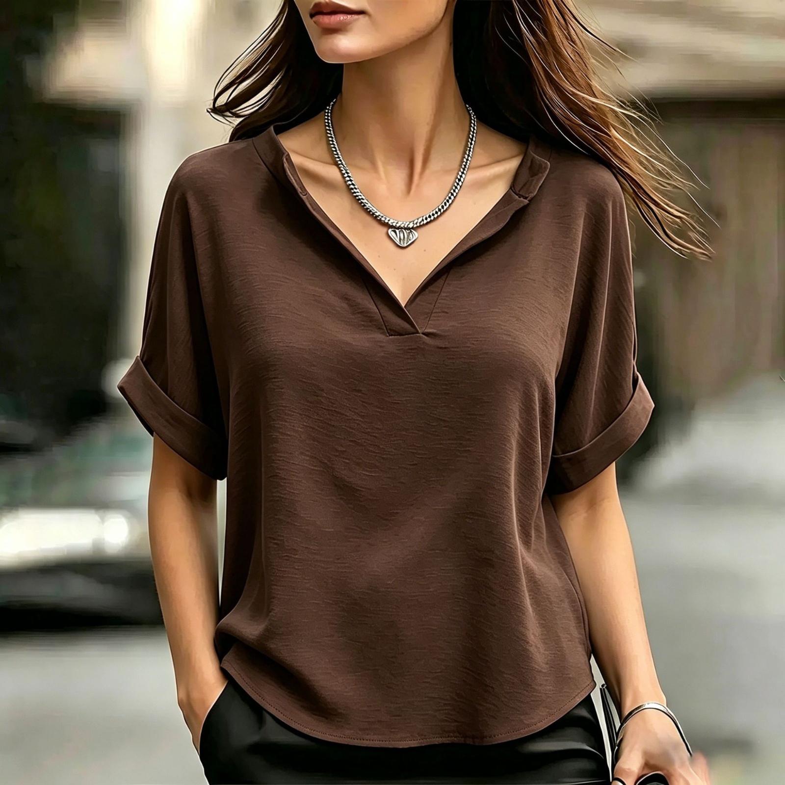 

Women V Neck Short Sleeve T Shirt Loose Fit Lightweight Soft Fabric Casual Blouse Top for Daily Office Wear XL кофейный