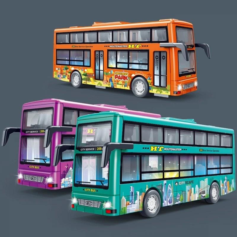 Children's Double-decker Sightseeing Bus Pull Back Car Light Music Can Open The Door Bus Inertial Toy Model Boy Birthday Gift