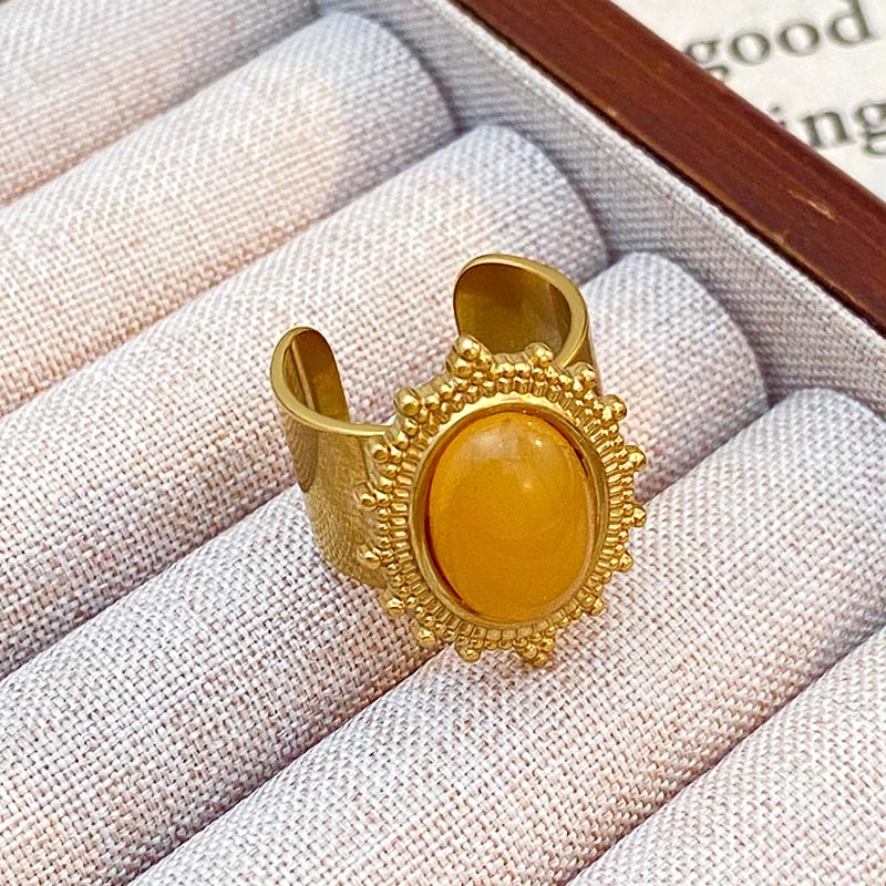 Stainless Steel Colorful Stone Opening Rings for Women Men Retro Classic Wide Gold Color Joint Rings Banquet Jewelry Accessories