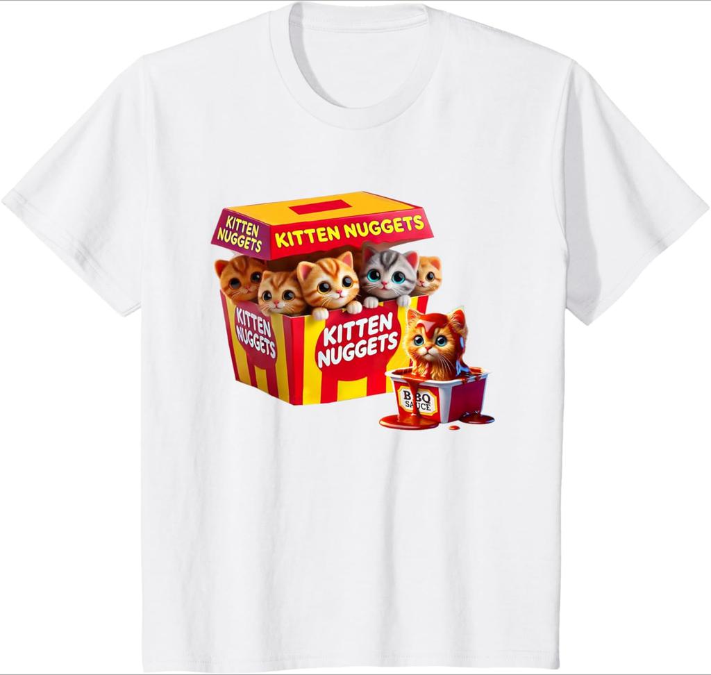 Cartoon Cat Nuggets Black TShirt Cute Food Theme Womens Oversize Casual ShortSleeved Soft Comfortable Basic Crew Neck Top