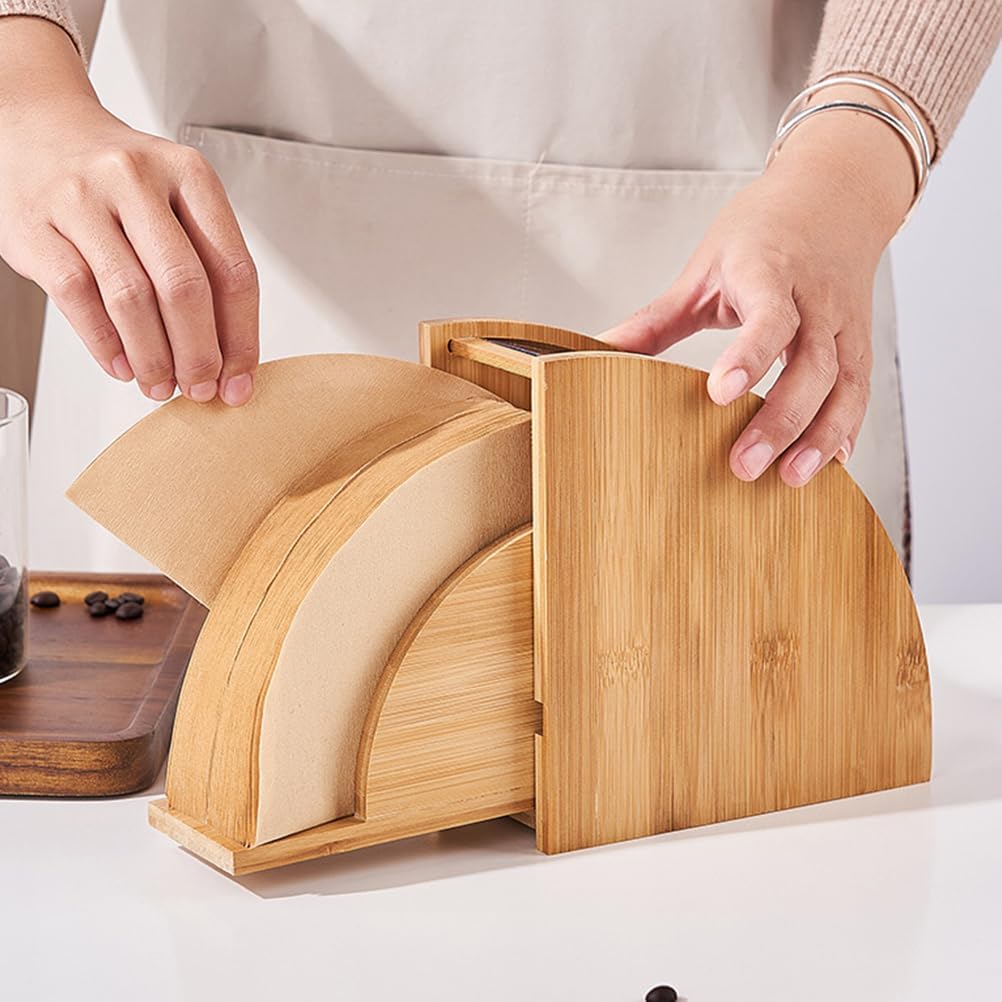 DECHOUS Coffee Filter Holder, Coffee Paper Storage Container for #1#2 V 60 Coffee Filters Bamboo Coffee Filter Paper Dispenser Rack with Dustproof