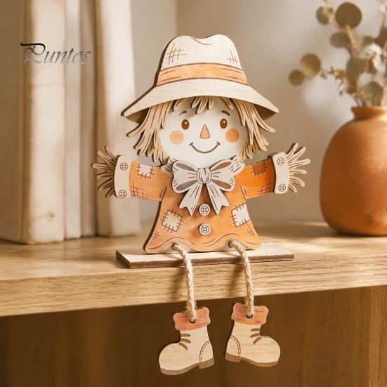 Handgefertigte Holz-Feiertags-Tischdekorationen Halloween Kürbis Vogelscheuche Schottische Hochlandrind-Figuren, Niedliche Hängende Bein-Ornamente, Langlebiges Erntedankfest