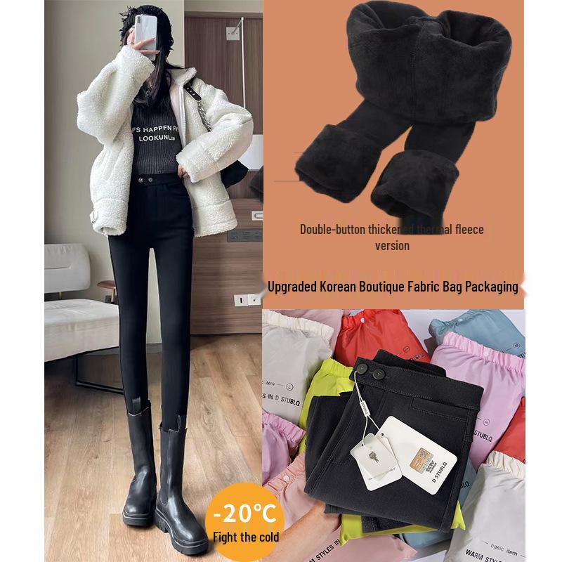 Hohe Taille Schwarze Fleece-gefütterte Koreanische Katzen-Leggings für Damen - Dehnbar, Skinny Fit Bleistifthosen