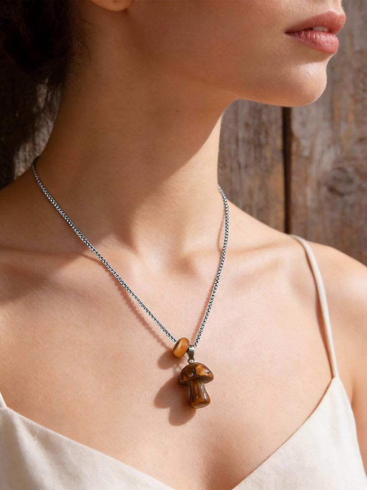 Tiger Eye Stone Mushroom Pendant Long Clavicle Chain Natural Stone Necklace for Women Niche Necklaces Unique Accessories