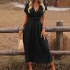 2026 European and American women's summer solid color waist V-neck bat sleeve waist pleated long elegant dress women's clothing