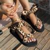 Summer 2025 European and American Thick-soled Beach Shoes, Bow-knot Leopard Print, Large-sized Open-toe Flat Women's Shoes 36-43