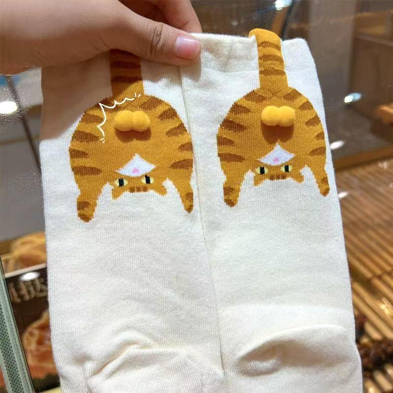 1Pair Cute Cartoon Cat & Ding Dong Egg Couple Mid-Calf Socks - Fashionable All-Season Socks for Spring & Summer