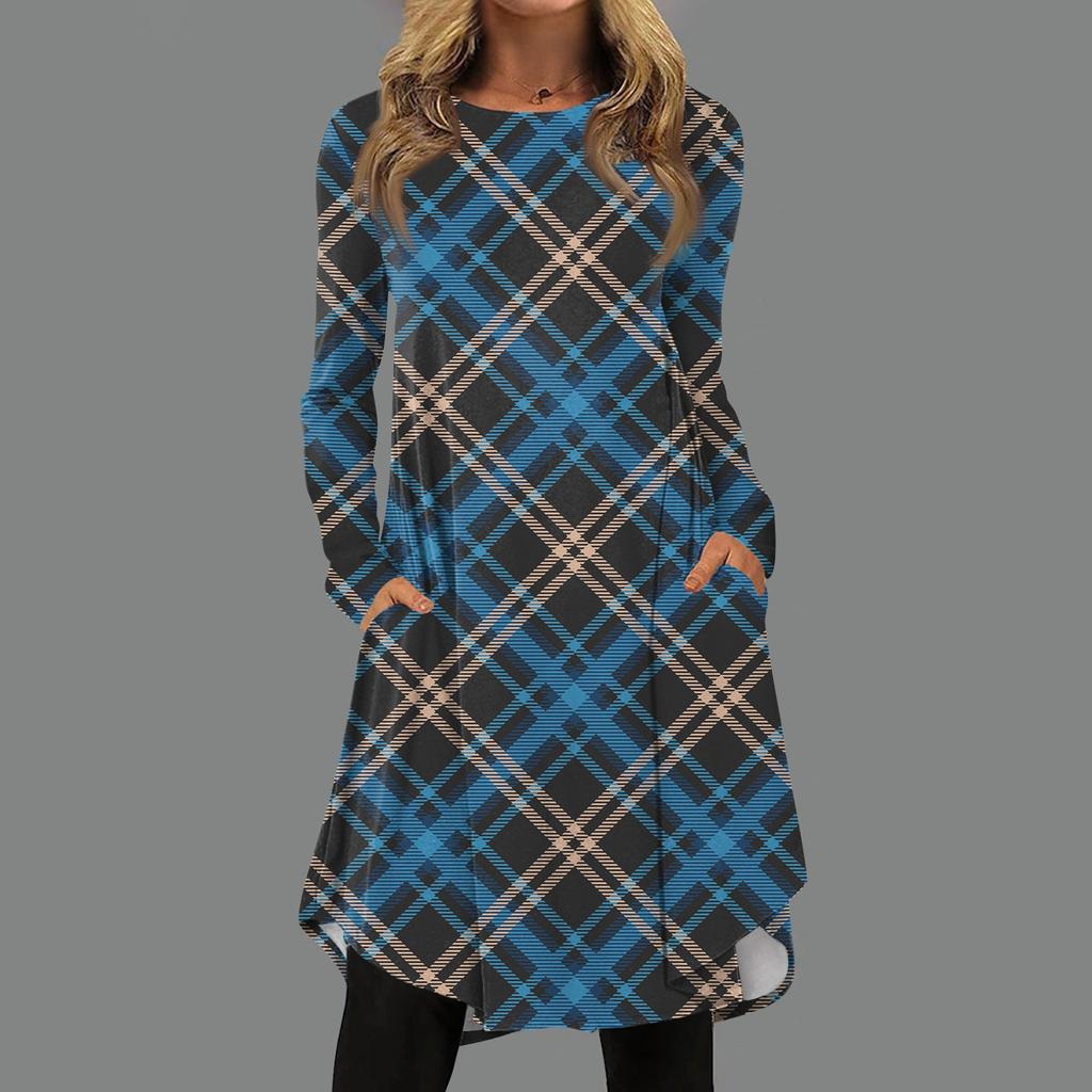 Women's Fashion Casual Print Round Neck Pullover Loose Long Sleeve Dress