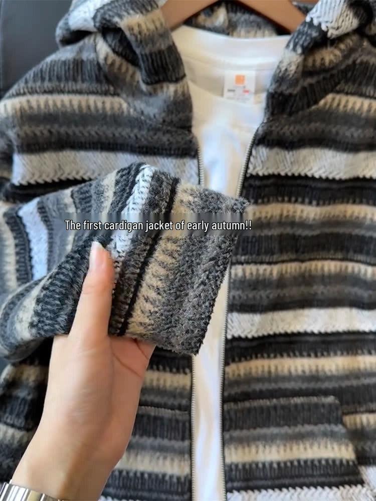 2026 Trendy National Tide Brand Striped Knit Sweater Hoodie for Couples