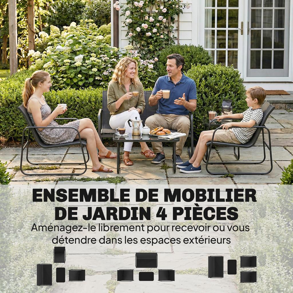 Garden Furniture Set, 4-Piece, Sofa, Armchairs, Coffee Table, Dark Grey and Black