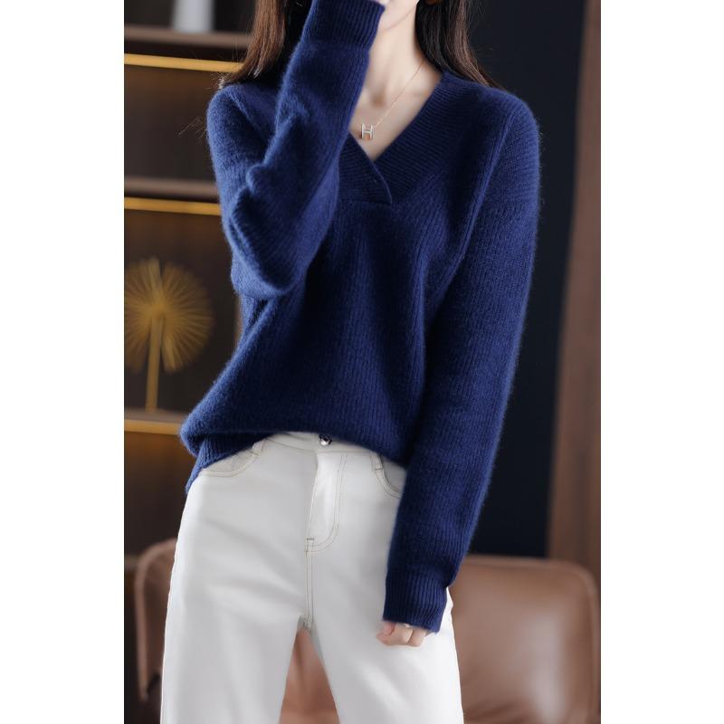 Autumn and Winter New V-neck Pullover Sweater Women's Fashion Loose Simple Knitted Thickened Tops Elegant Casual Solid Color Office Clothing