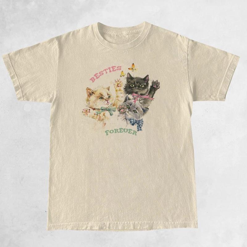 

Cute Kitten Besties Forever Women Graphic Tops Fashion Oversized T Shirt Vintage Aesthetic Cottagecore TShirts Cat Lover Tees S