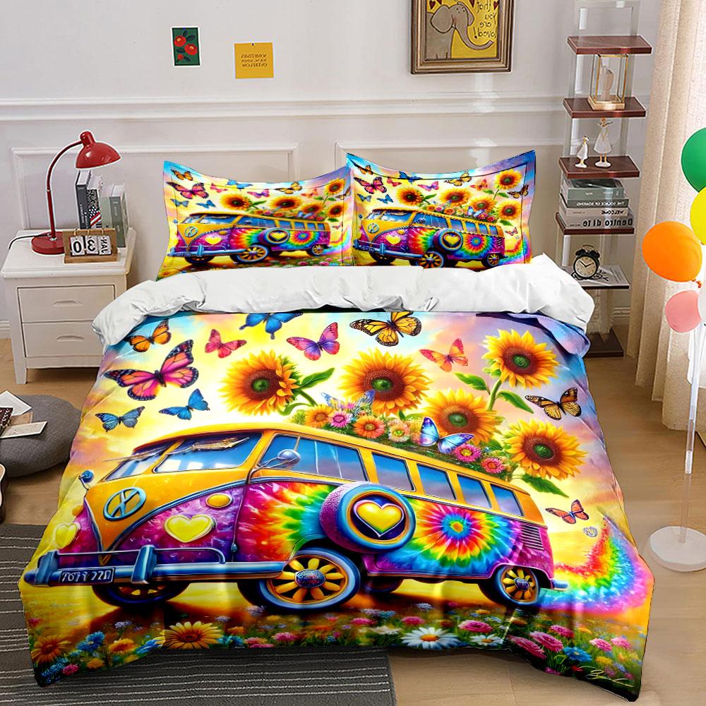Juego de Ropa de Cama con Arte de Furgoneta Hippie Colorida con 1 Funda de Edredón 2 Fundas de Almohada Individual Doble King Queen, Regalo