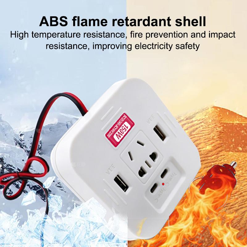 150W Car Power Inverter With Usb C Fast Charging Ac Outlets Fireproof Abs Shell For Road Trips Charging Multiple Electronics