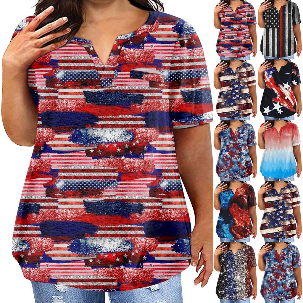 Damska duża koszulka letnia, swobodna, z okazji Dnia Niepodległości, z nadrukiem, dekoltem w szpic, krótkim rękawem i kieszeniami