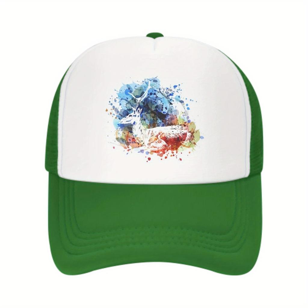 Watercolor Deer Graphic Print Mesh Back Trucker Hat Unisex Casual Adjustable Baseball Cap