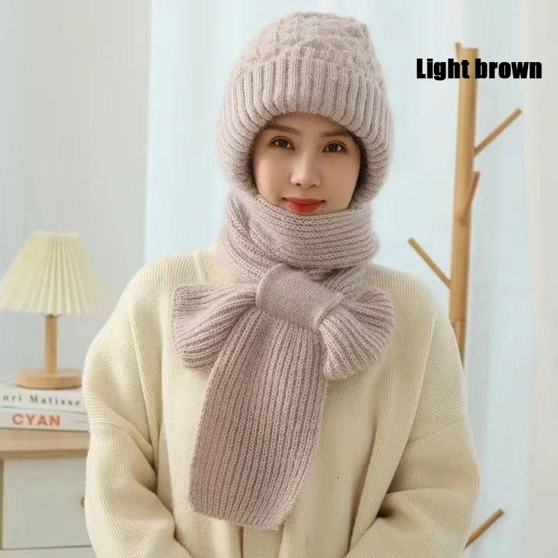 Winter Womens Knitted Hat Double Warm Padded Thickened Hat Scarf One Wool Knitting Net Red Pop Wind and Snow Beanies Hats