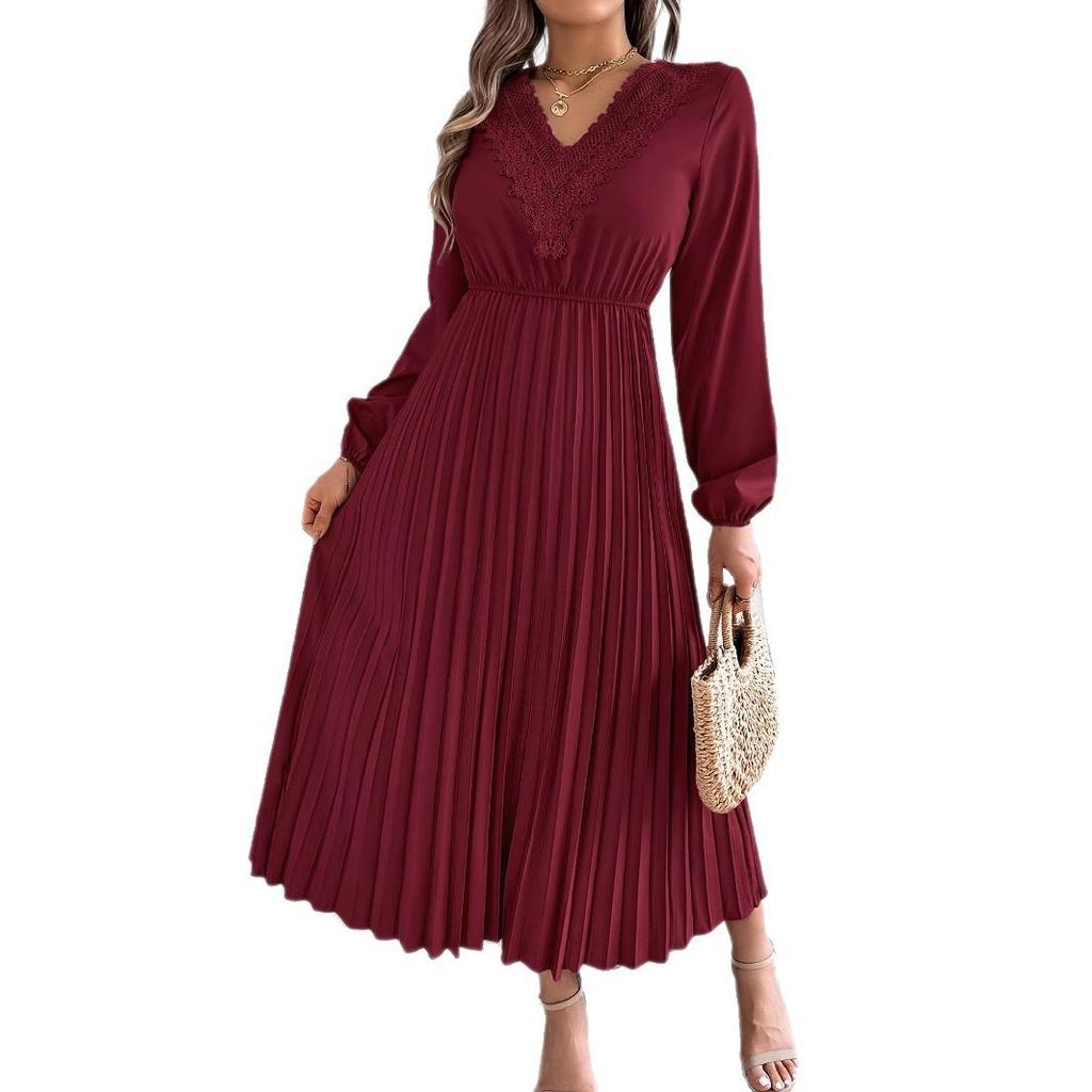 Dames Elegante Europese Stijl V-hals Kant Hoge Taille Lange Mouwen Geplooide Maxi Jurk