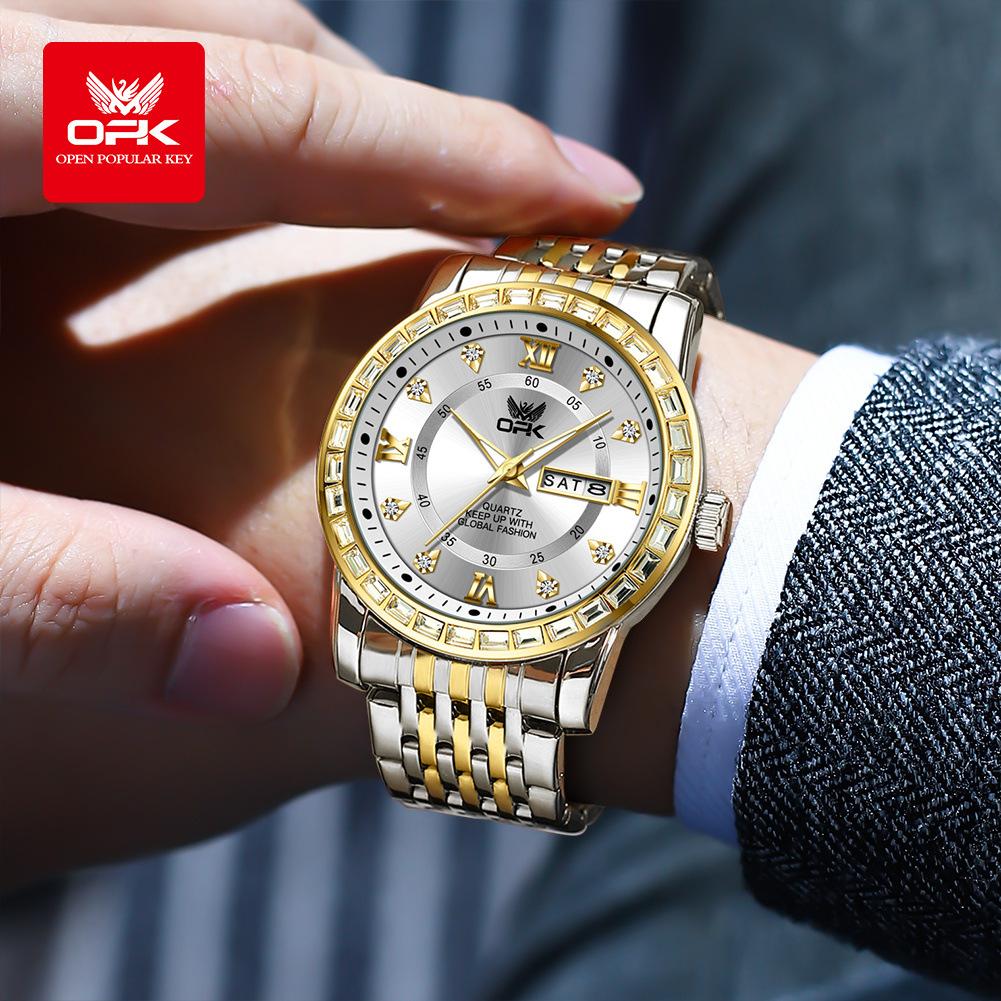 OPK Dual Calendar Luxury Quartz Watch For Men Diamond Roman Scale Business Hand Clock Waterproof Fashion Original Man Watch
